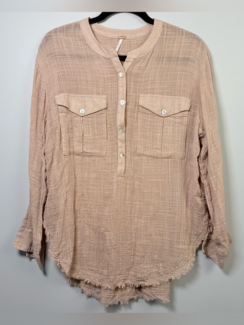 Free People Talk to Me Gauze Henley Shirt Tunic Raw Hem Button Up Taupe Medium